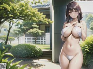 Anime girl with big tits posing in front of a window.