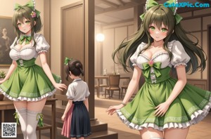 A girl in a green dress and white stockings standing in front of a wall of roses.