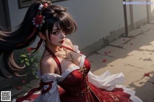 A woman in a red and white dress sitting on a stool.