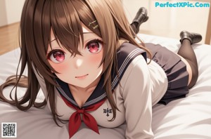 A woman in a school uniform is posing on a bed.