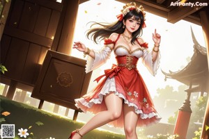 A woman in a red and white dress standing on a wooden fence.