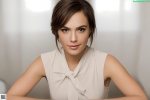 A close up of a woman in a black and white dress.