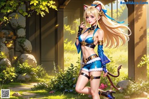 A woman in a white top and blue shorts holding a sword.