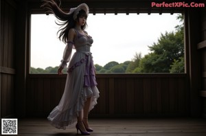 A woman in a white and purple corset posing for a picture.