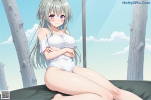 A naked woman in stockings and stockings sitting on a bed.