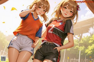 A woman in a black shirt and pink shorts standing on a soccer field.