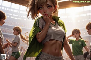 A girl in a black shirt and white shorts standing on a soccer field.