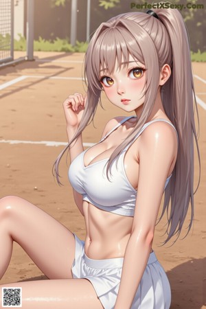 A woman in a white bikini holding a tennis racket.