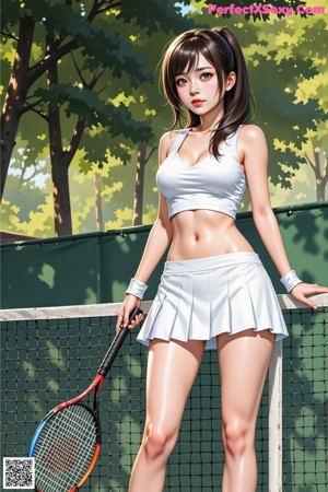 A woman in a white bikini holding a tennis racket.