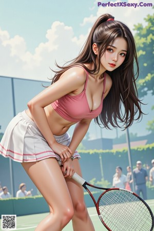 A woman holding a tennis racquet on a tennis court.