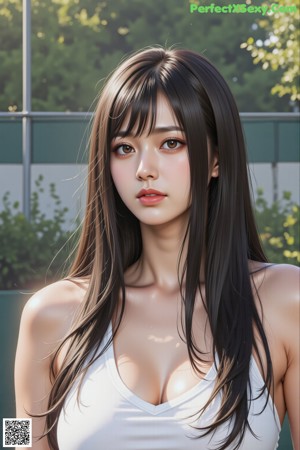 A woman in a white bikini sitting on a tennis court.