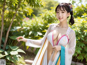 A woman in a white robe posing for a picture.
