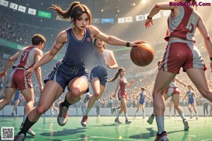 A woman in a basketball uniform dribbling a basketball on a court.