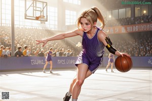 A woman sitting on a basketball court holding a basketball.