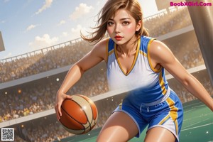 A woman in a black and yellow uniform dribbling a basketball.