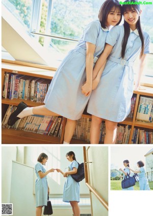 A couple of young women hugging each other in front of bookshelves.