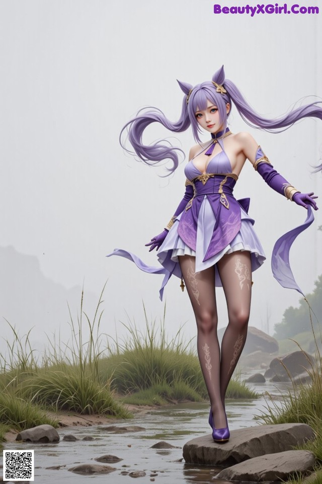 Hentai - Sovereign of Lightning in Exquisite Garb Set.1 20250125 Part 16 No.83eb56 A woman in a purple dress standing on a rock by a river.