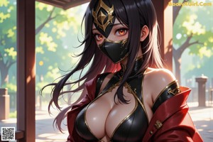 A woman in a leather outfit with a mask on.