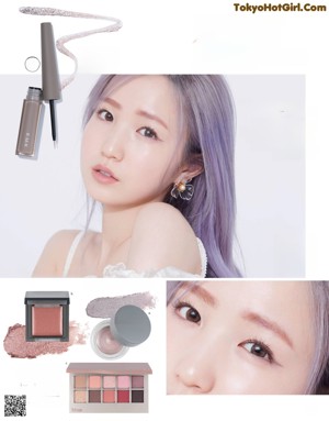 A magazine page with a picture of a woman with purple hair.