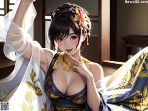 A woman in a blue kimono sitting on a ledge by the water.