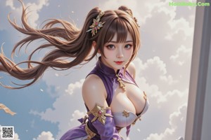 A woman in a purple dress sitting on a chair.
