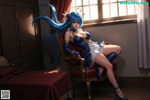 A woman with long blue hair sitting on a bench.