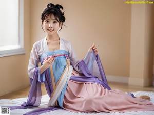 A woman in a blue and pink dress posing for a picture.