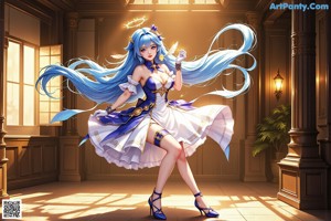 A woman with long blue hair wearing a red outfit.
