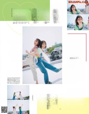A couple of women standing next to each other on top of a roof.
