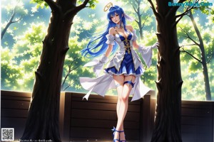 A woman with blue hair sitting on a window sill.