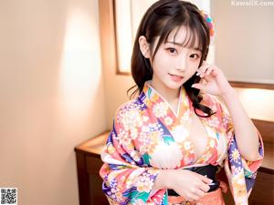 A woman in a kimono standing by a window.