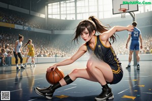A woman in a basketball uniform holding a basketball on a court.