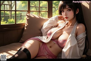 A woman in a pink dress sitting on a bed.