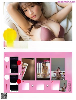 A woman in a pink bra and panties laying on a bed.