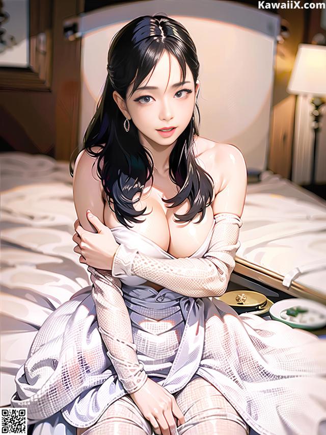 A woman sitting on top of a bed next to a lamp.