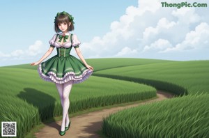 A woman in a green dress and white stockings posing for a picture.