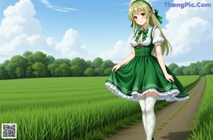 A woman in a green and white dress sitting on the floor.