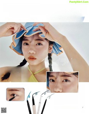 A magazine spread with a picture of a woman with makeup.