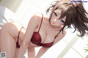 A naked anime girl sitting on a bed in a bathroom.