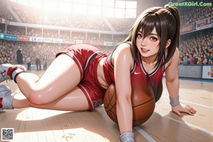 A girl holding a basketball on a basketball court.
