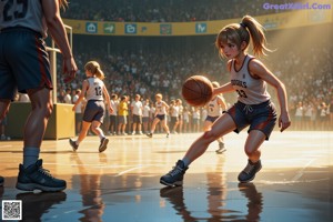 A woman in a basketball uniform crouching on a basketball court.