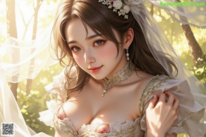 A woman in a wedding dress standing in the woods.