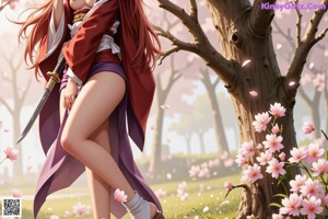 A woman in traditional attire holds a sword under cherry blossoms.