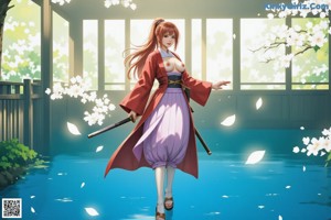 A woman in a white kimono with a sword, sitting outdoors with sunlight filtering through trees.