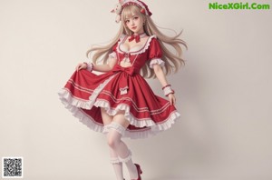 A woman in a red and white dress with a bunny on her head.