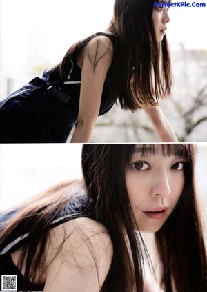 A magazine page with a picture of a woman with long hair.