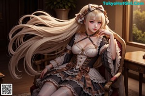 A woman with long blonde hair standing in front of a door.