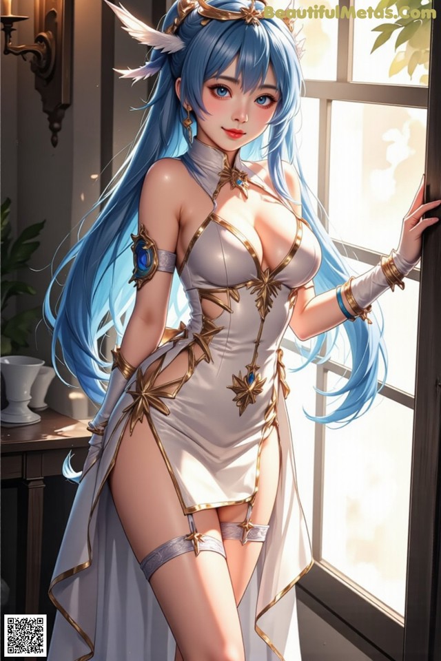 Hentai - Captivating Grace of the Cosmic Maiden Set.1 20250124 Part 4 No.eebb32 A woman with long blue hair standing by a window.