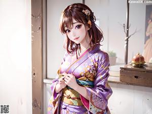 A woman in a blue kimono is posing for a picture.