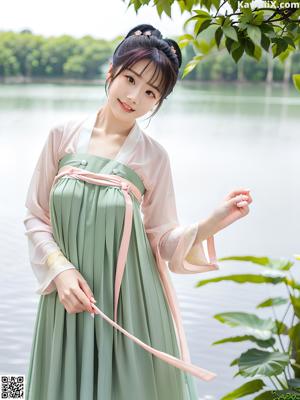 A woman in a pink and white hanbok sitting on a bed.